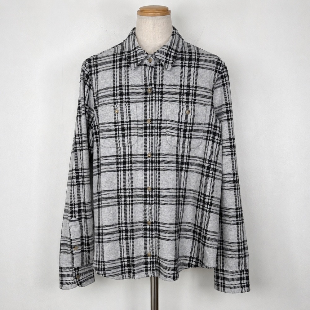 Faherty Legend Sweater‎ Shirt Womens Medium Gray Black Plaid Button Down WKF2314